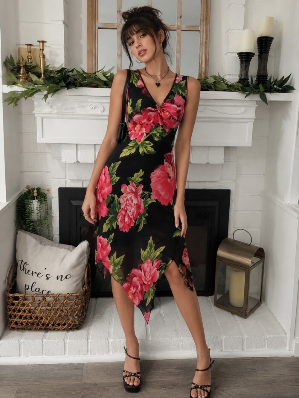 Vintage Y2k Charlotte Russe Black Floral Handkerchief Hem Midi Dress L